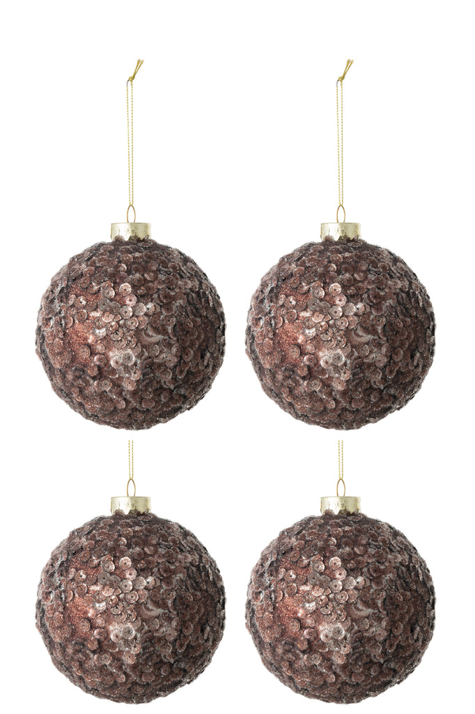 Box Of 4 Christmas Baubles Sequins Sugar Matte Glass Dark Brown Medium