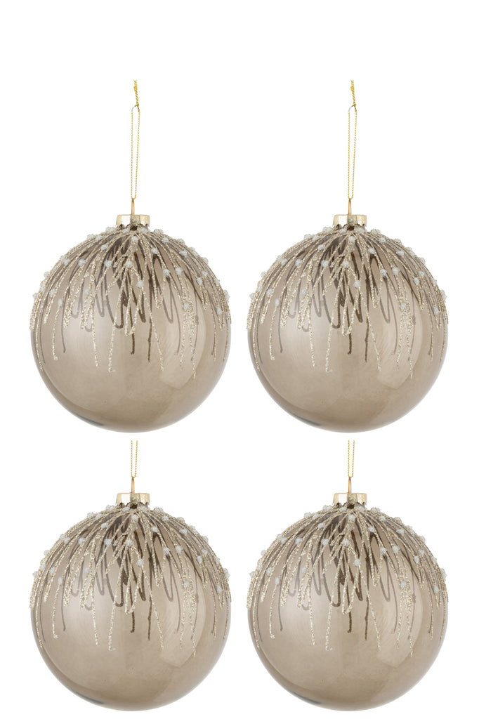 Box Of 4 Christmas Baubles Pearls Glitter Glass Grey Large