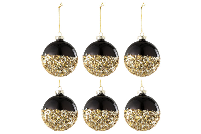 Box Of 6 Christmas Bauble Sequins Glass Black/Gold