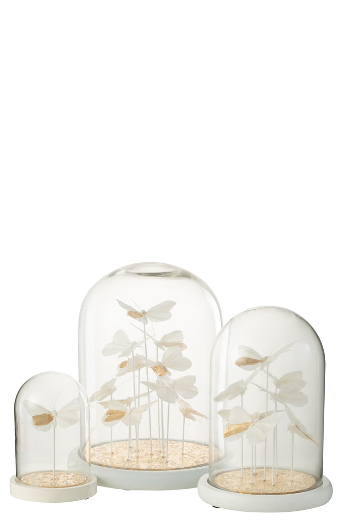 Bell Jar Butterflies +Dots Glass White/Gold Large