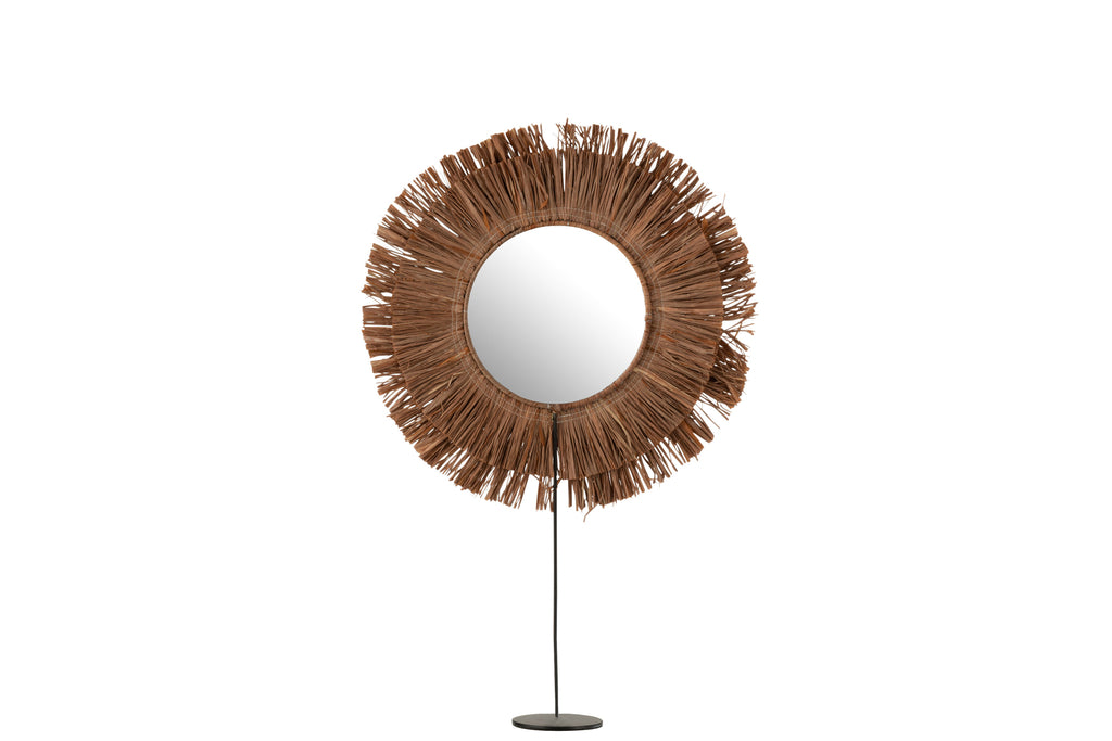 Mirror On Foot Round Reed Raffia Brown