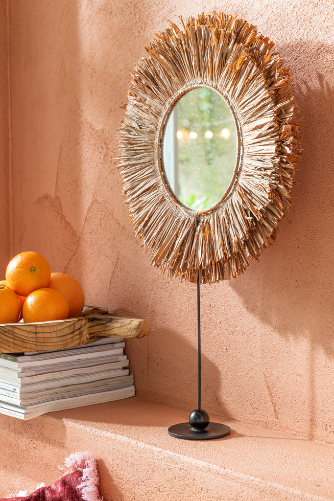 Mirror On Foot Round Reed Raffia Brown