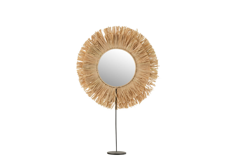 Mirror On Foot Round Reed Raffia Natural