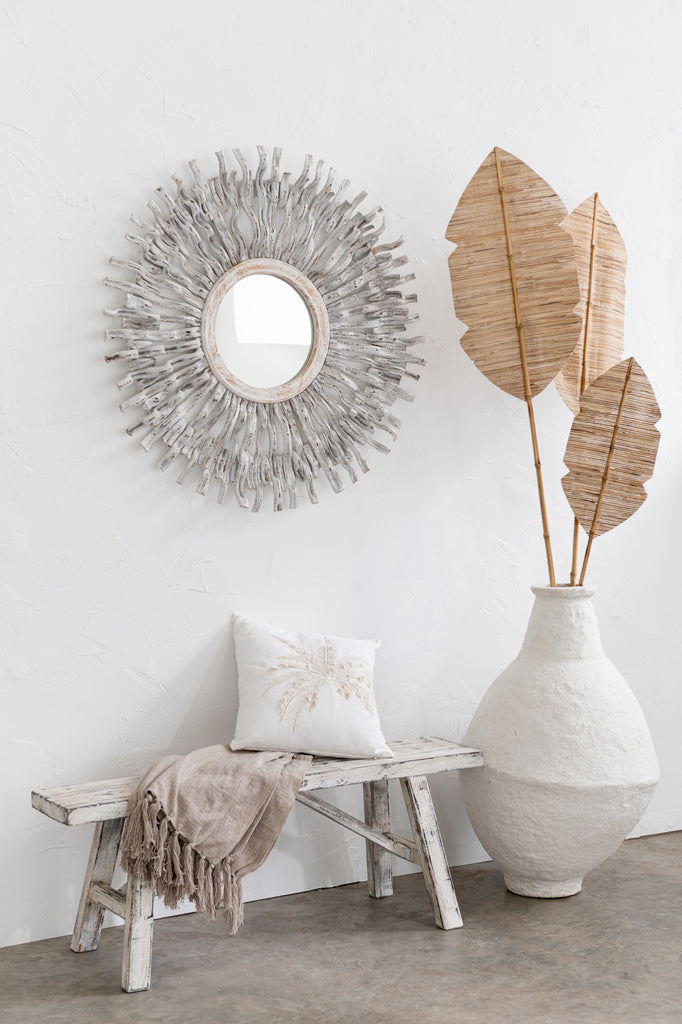 Mirror Round Sun Wood Washed White