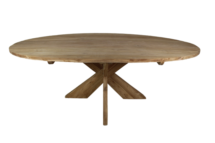 Ovale eettafel met kruispoot - 180x100 cm - blank - teak