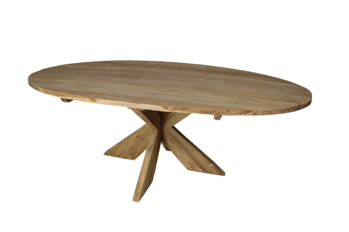 Ovale eettafel met kruispoot - 180x100 cm - blank - teak