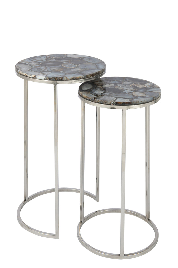 Set Of Two Sidetables Agate Stone/Metal Grey/Silver