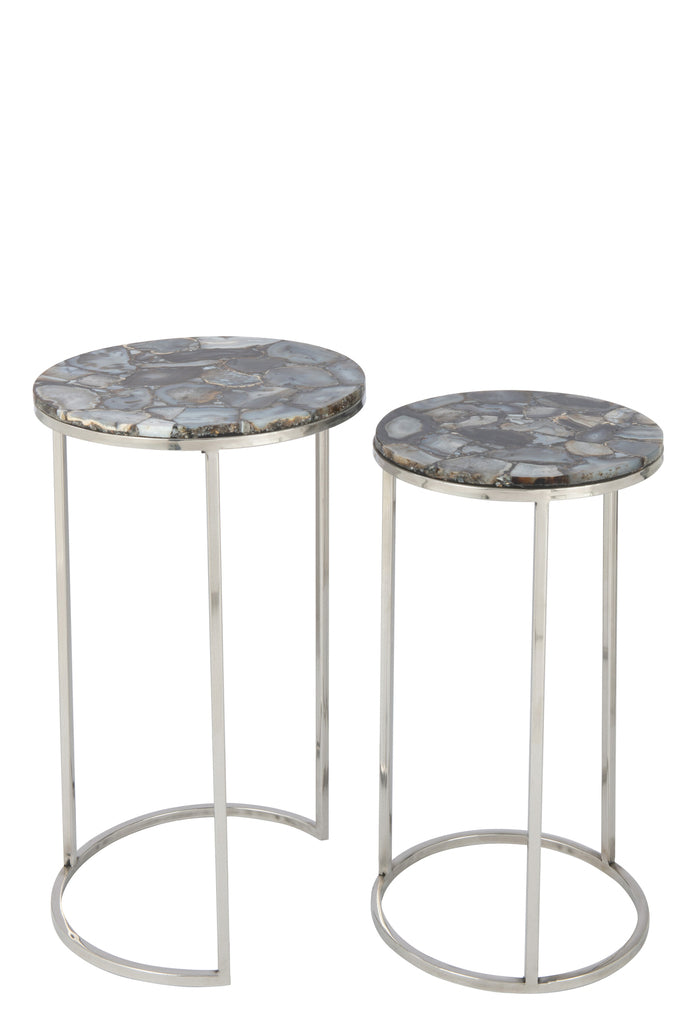 Set Of Two Sidetables Agate Stone/Metal Grey/Silver