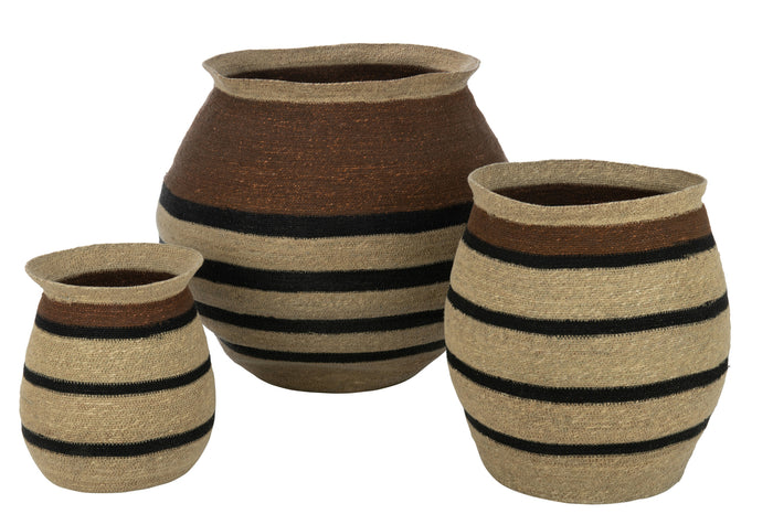 Set Of 3 Baskets Round Striped Marie Seagrass Brown Black