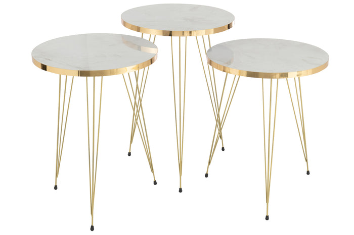 Set Of 3 Sidetables Mdf/Metal White/Gold