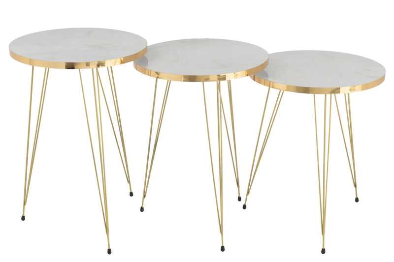 Set Of 3 Sidetables Mdf/Metal White/Gold