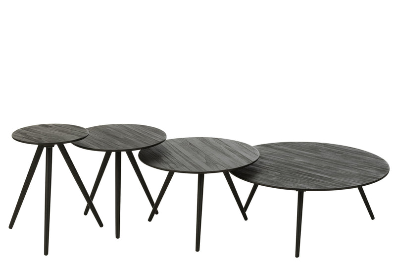 Set Of 4 Tables Round Recycle Teak Black