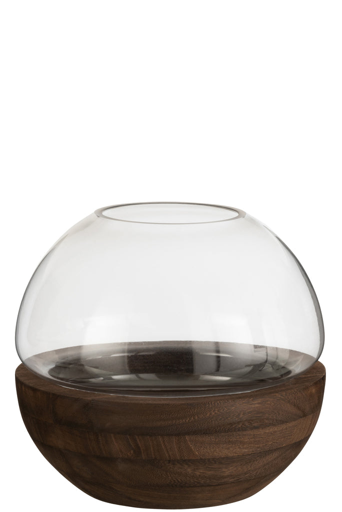 Vase Round Wood/Glass Dark Brown