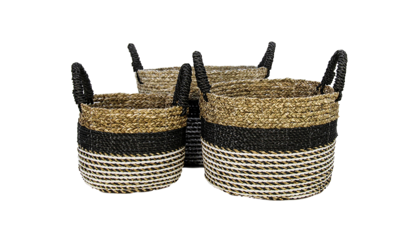 Mandenset Malibu - zwart/naturel/wit - raffia/zeegras - set van 3