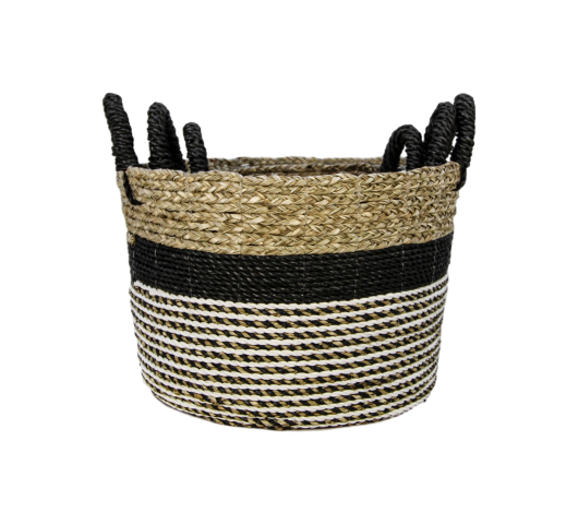 Mandenset Malibu - zwart/naturel/wit - raffia/zeegras - set van 3